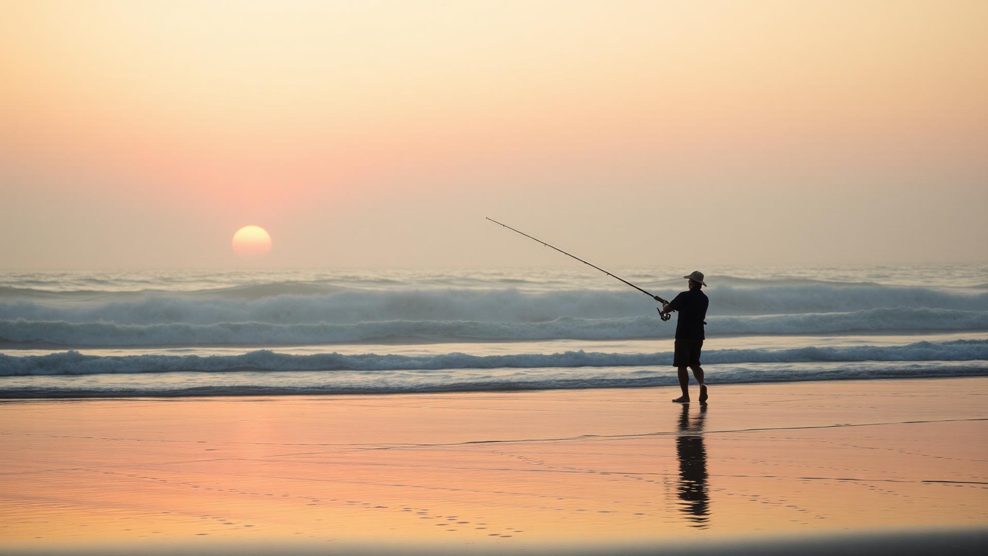 A lone surf angler standing in the wash at sunrise on a Southern California beach